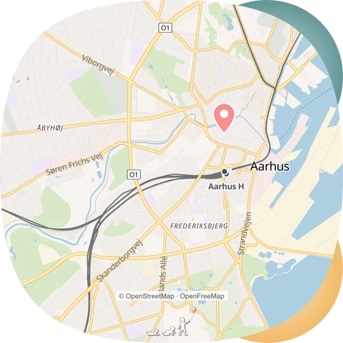 Karte von Aarhus mit der DeveloBaby-Praxis, Frederiksgade 74E, 8000 Aarhus C, Dänemark